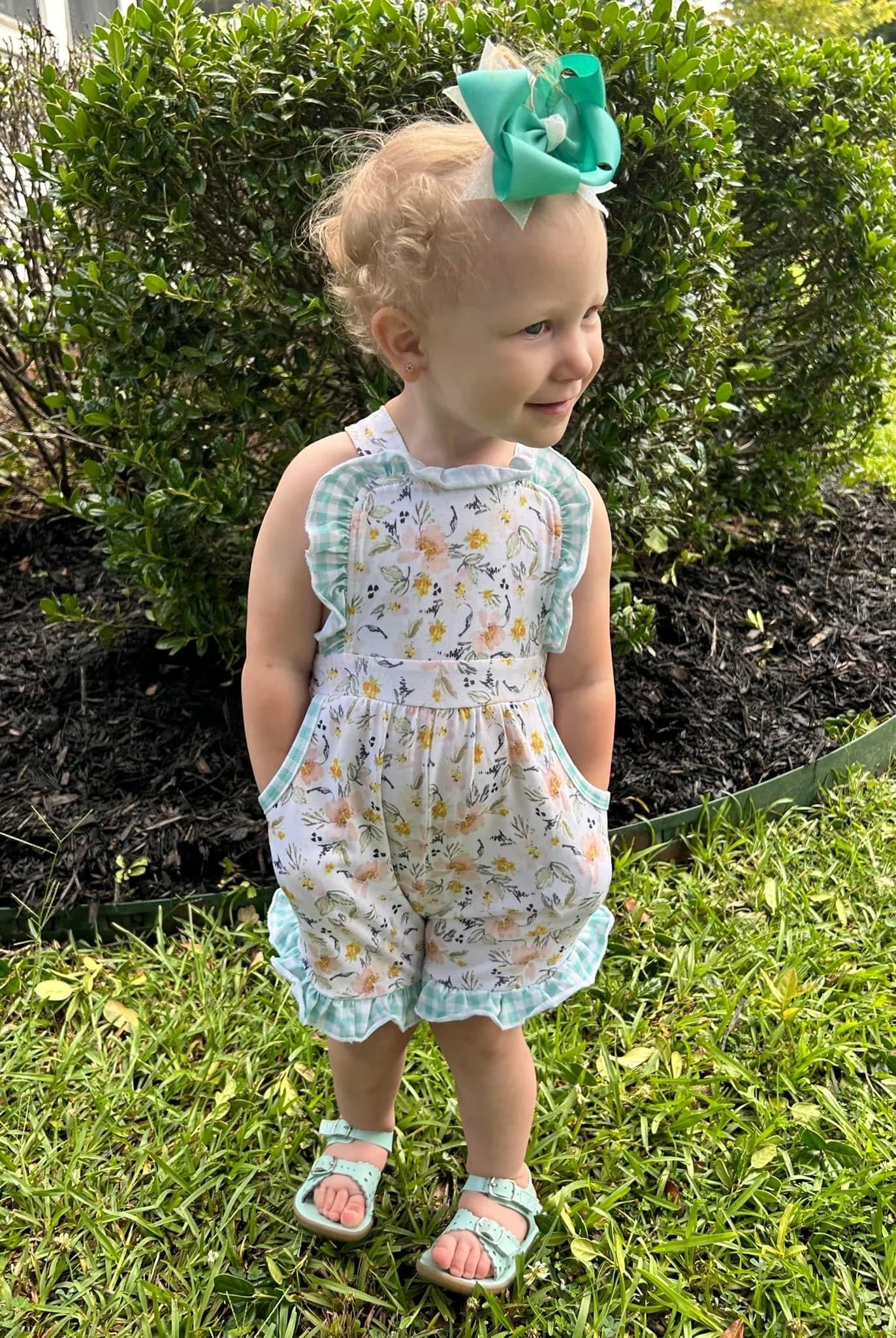 Floral & Mint Gingham Girls Romper (RTS)