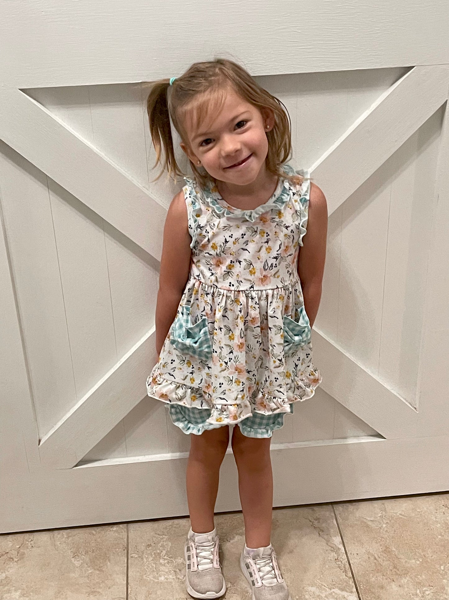 Floral & Mint Gingham Girls Short Set (RTS)