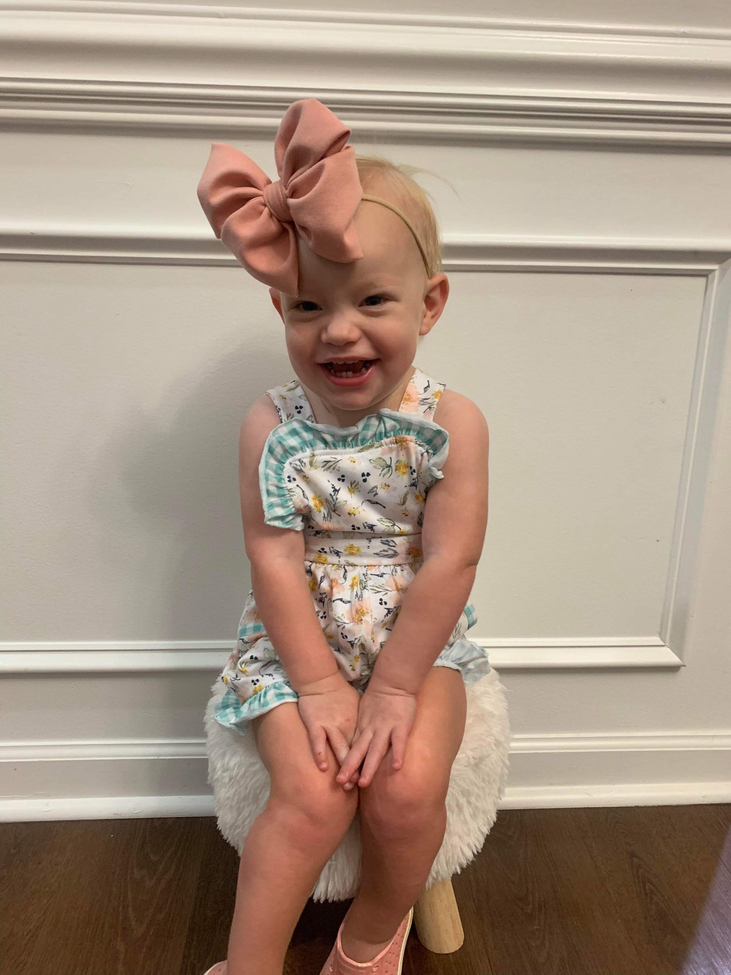 Floral & Mint Gingham Girls Romper (RTS)