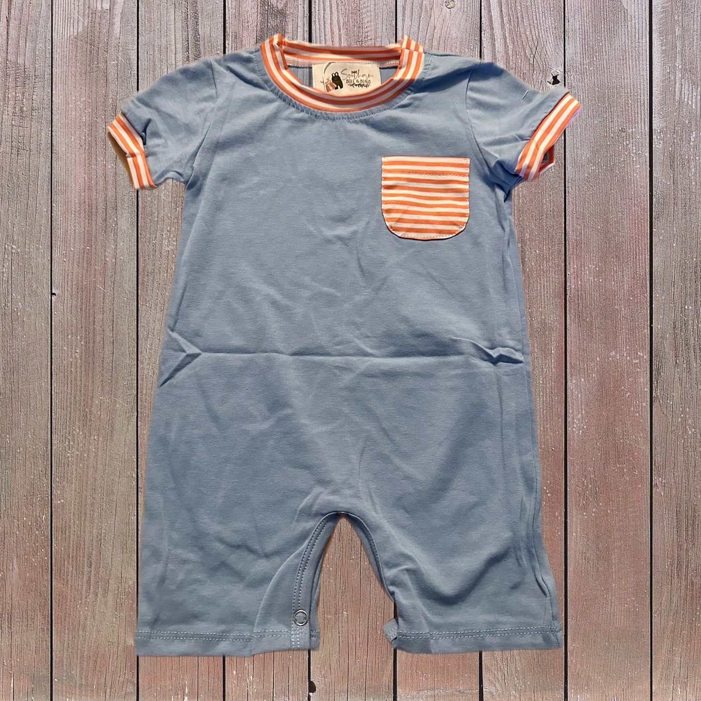 Simple Blue with Orange Stripe Pocket Romper Boys (RTS)