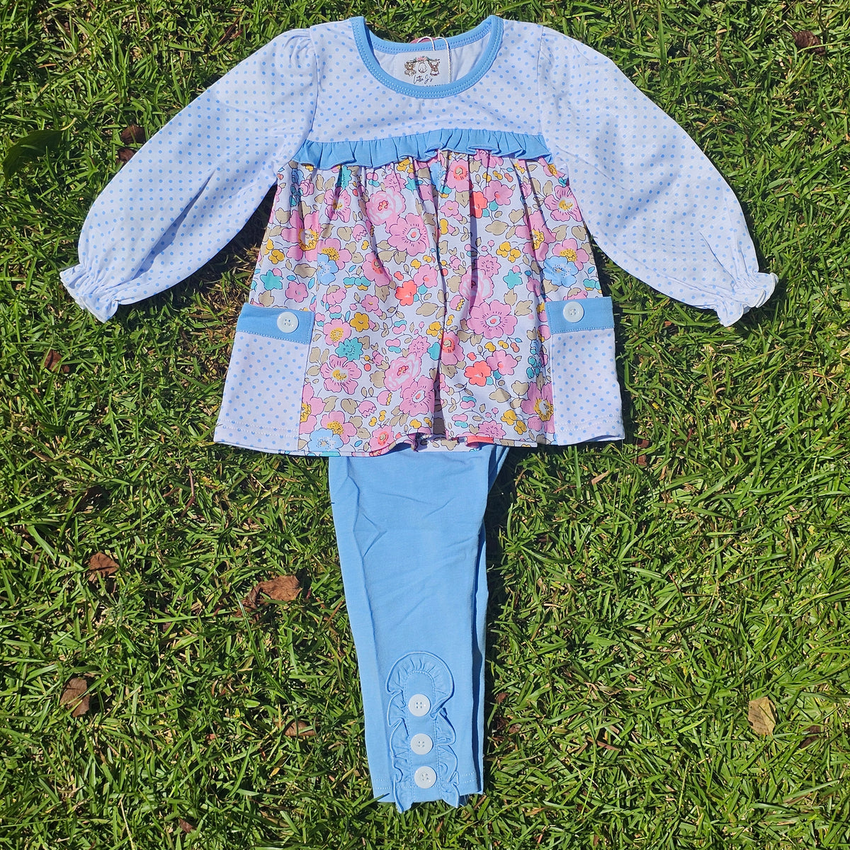 Polka Dot & Floral Legging Set - Blue (RTS)