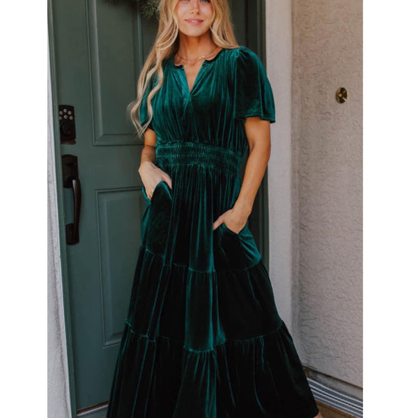 Velvet Shirred Waist Tiered Maxi Dress - Green (RTS)