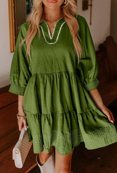 PO35: Green Contrast Stitched V Neck Dress (ETA SEPTEMBER)