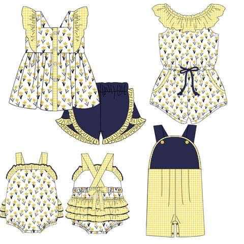 Navy & Yellow Floral Girls Romper (RTS)