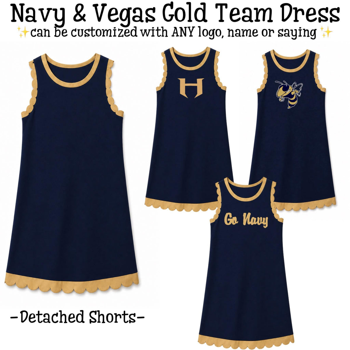 PO24 2026: Scalloped Athletic Dresses - Navy & Vegas Gold (ETA Sept)