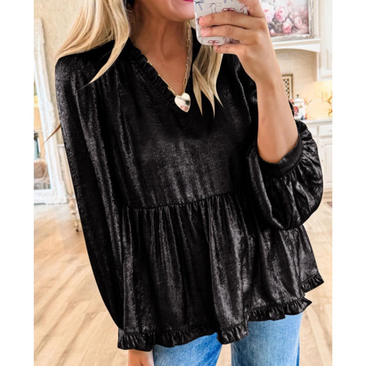 Metallic Frilled Puff Sleeve Blouse - Black (RTS)