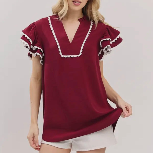 Crimson & White Scalloped Blouse (RTS)