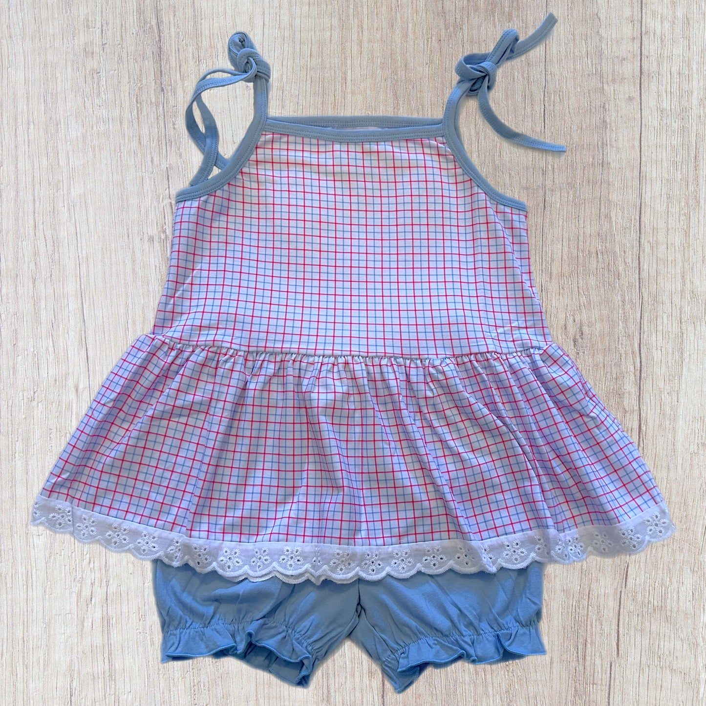 6/7 Summer Plaid And Lace Girl Set (RTS)