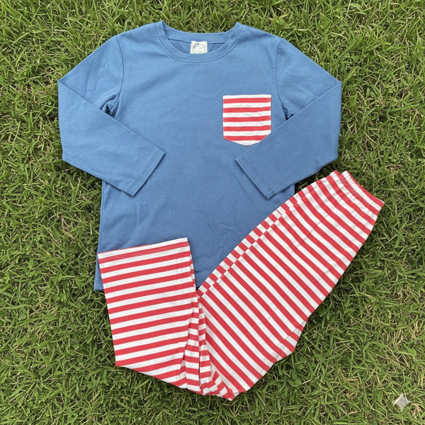 Stone Blue & Red Striped Pant Set (RTS)