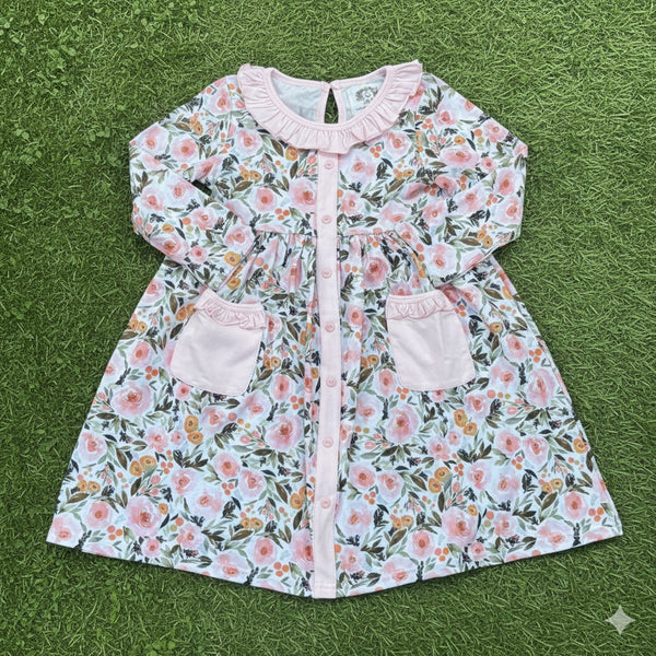 Pink Floral Long Sleeve Button Dress (RTS)