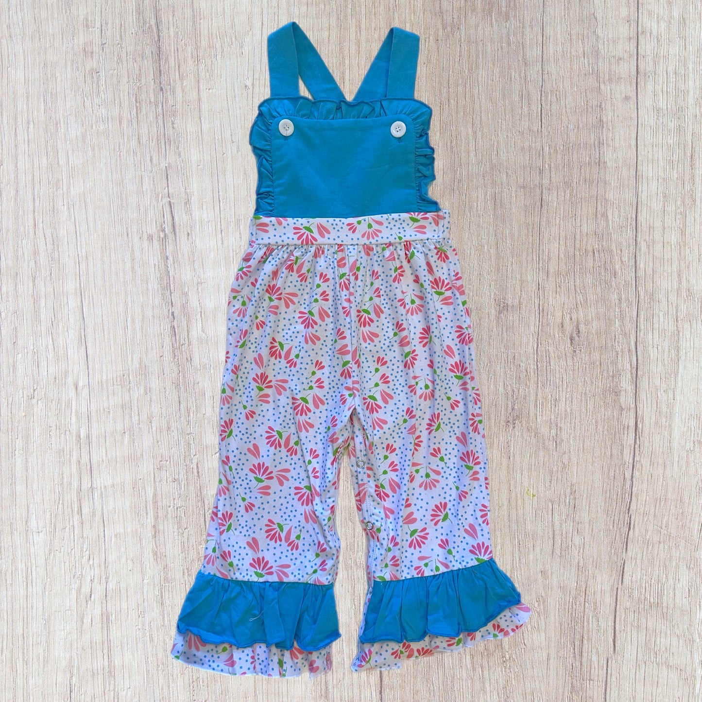 Blue Polka Dots And Flowers Romper (RTS)