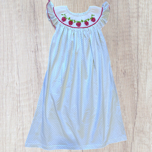 Mint Dot Strawberry Bishop Dress - Smocked (RTS)