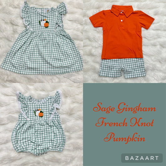 Sage Gingham French Knot Pumpkin (RTS)