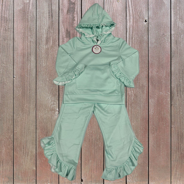 Ruffle Hooded Jogger Sets- Mint (RTS)