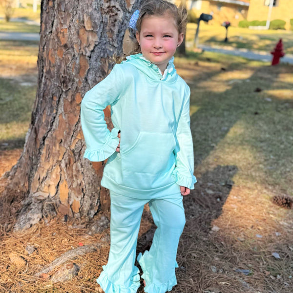 Ruffle Hooded Jogger Sets- Mint (RTS)