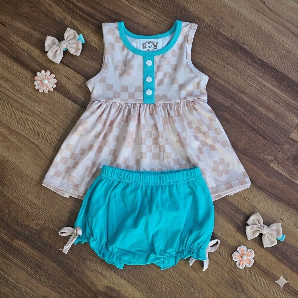 Beige Checks & Daisies - Girl Bloomer (RTS)