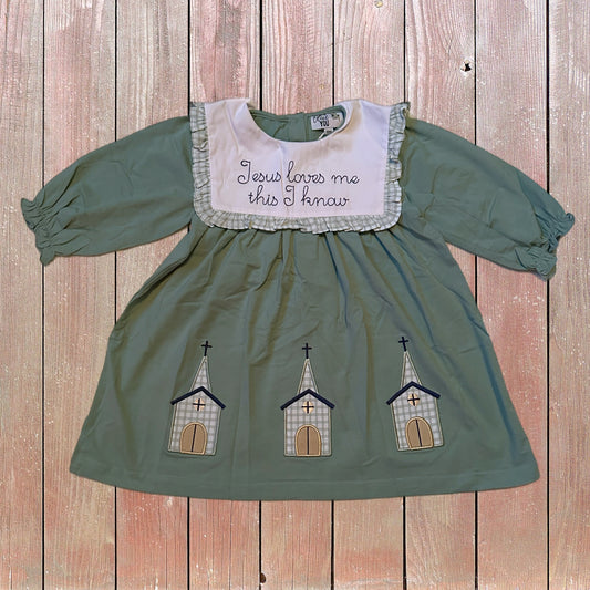 Sage Jesus Loves Me Dress (RTS)