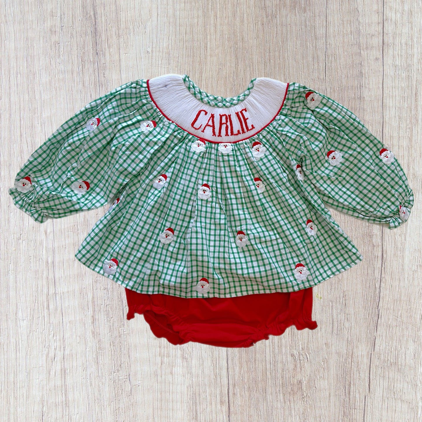 24M “Carlie” Santa Smock Bloomer Set With Imperfection (RTS)