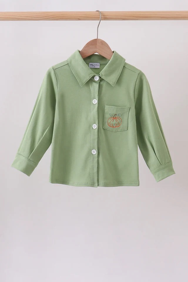 Green Embroidered pumpkin Button Up (RTS)