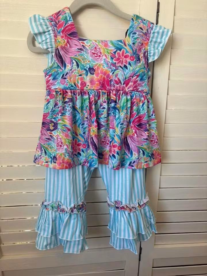 Blue Floral & Stripes Pant Set - Girl (RTS)