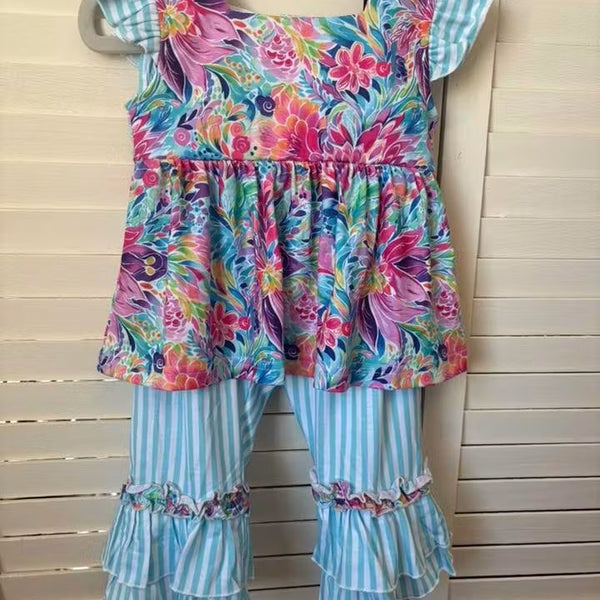 Blue Floral & Stripes Pant Set - Girl (RTS)