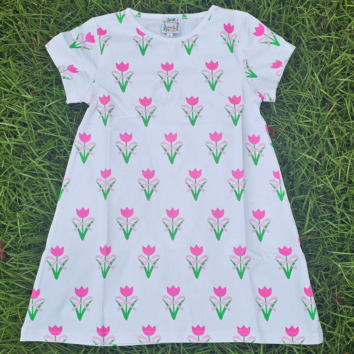 Pink Tulips & Bows Dress (RTS)