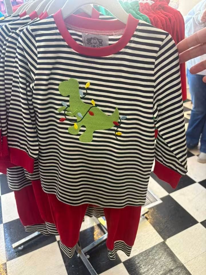 Stripe Dino Christmas Pant Set - Boy (RTS)