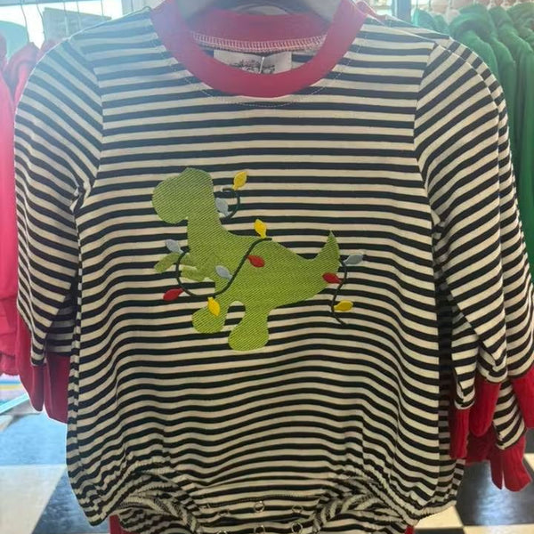 Stripe Dino Christmas Bubble - Boy (RTS)