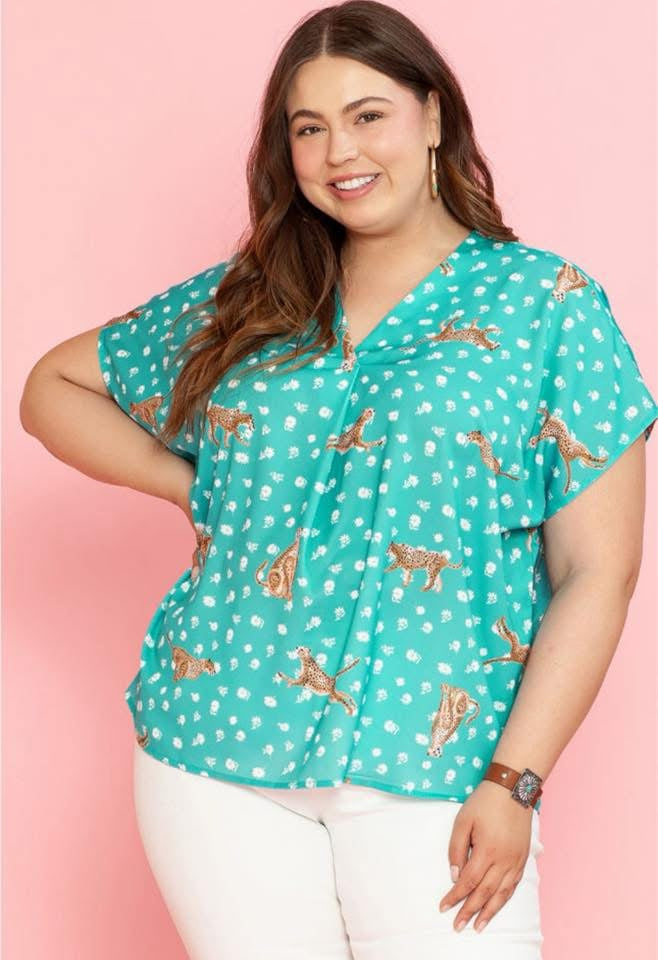 Women's Teal Leopard Blouse (RTS)