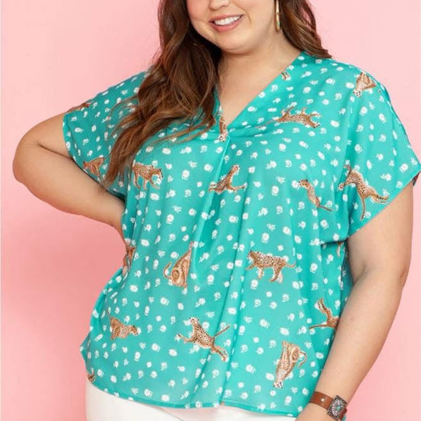 Women's Teal Leopard Blouse (RTS)