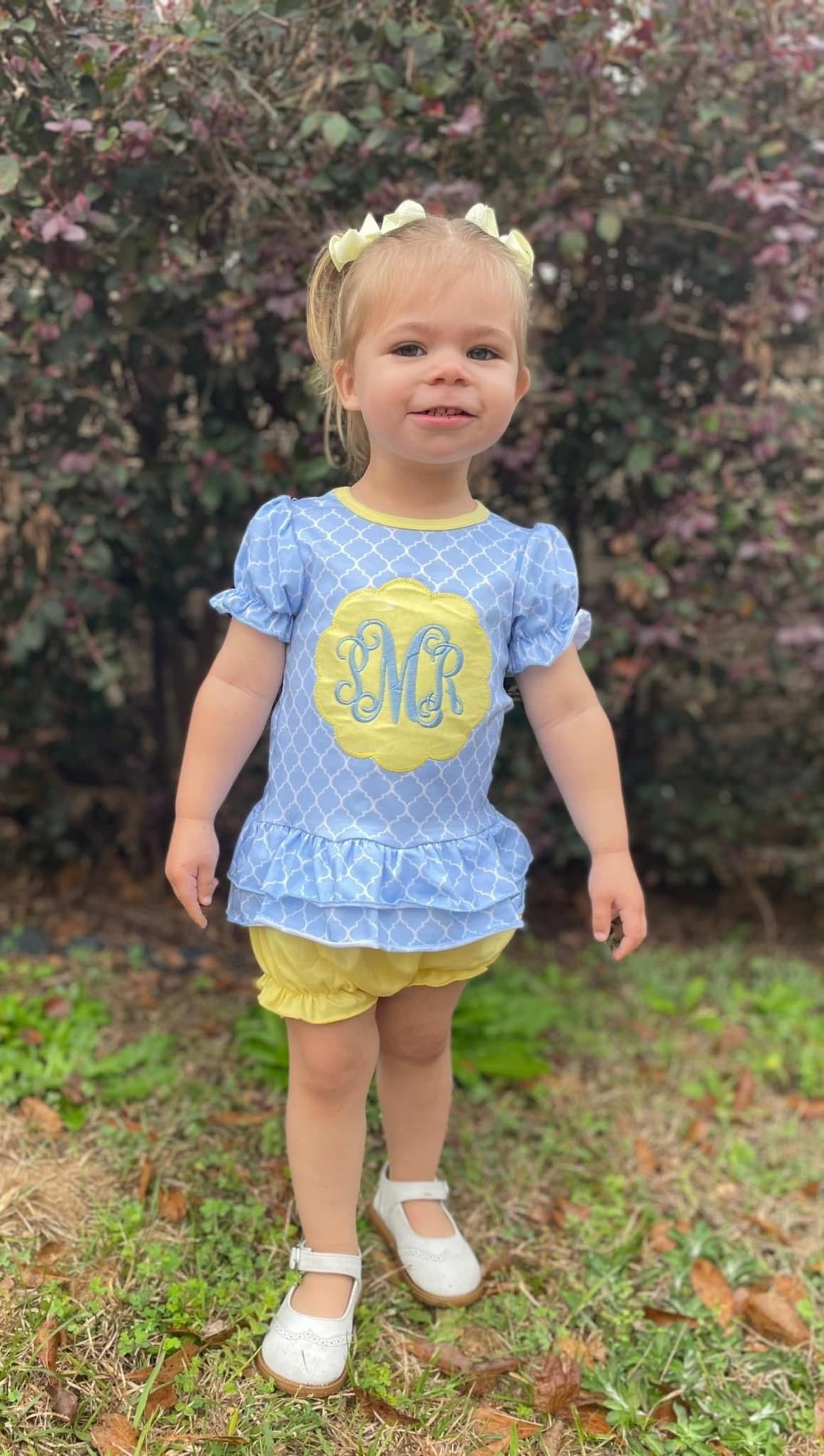 Yellow & Blue Monogram Girls Bloomer Set – Little J’s Smocks