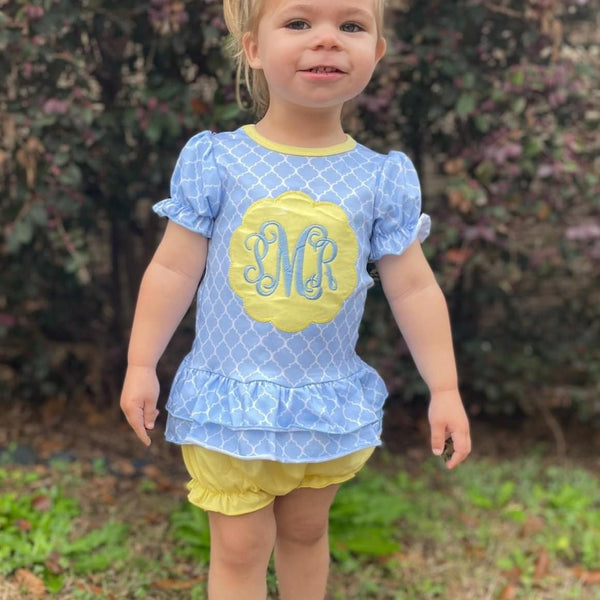 Yellow & Blue Monogram Girls Bloomer Set